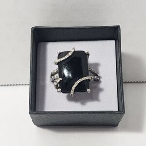 Sterling Silver Natural Black Onyx & Rhinestone Elegant Cocktail Ring USSz9/19mm